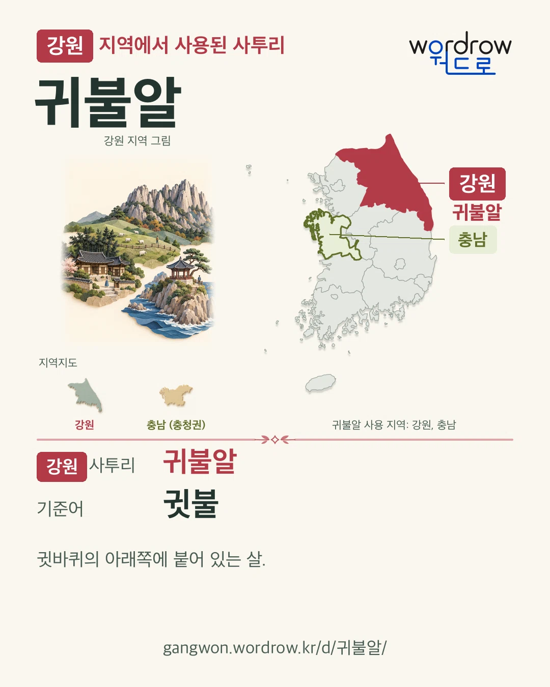 강원 지역에서 사용된 사투리 ‘귀불알’. 기준어: 귓불. 기록 지역을 표시한 지역 그림과 지도 카드.