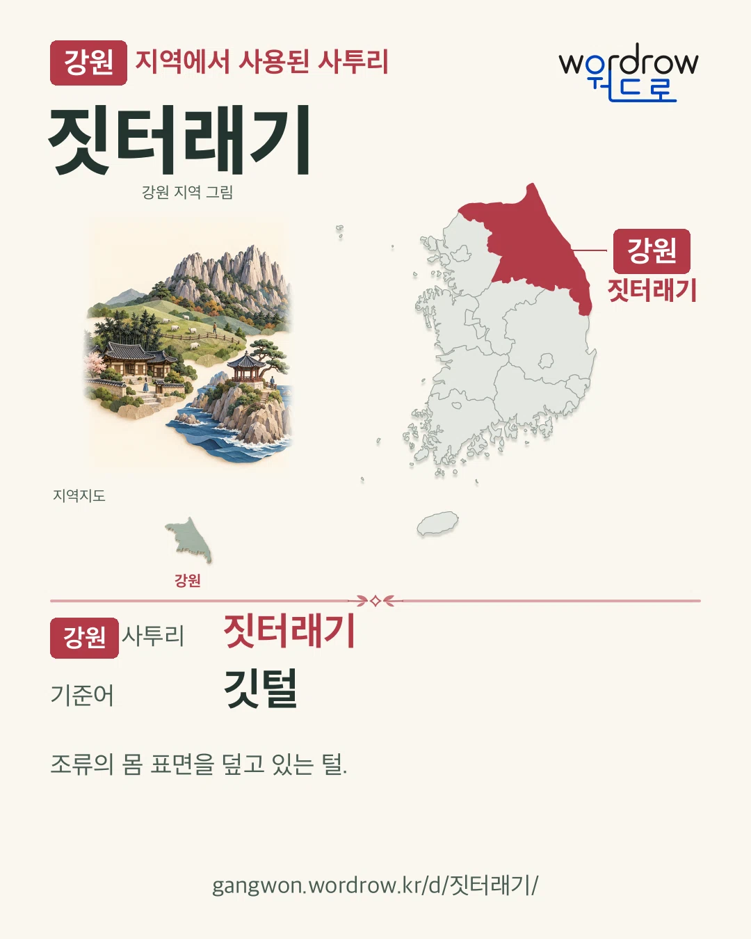 강원 지역에서 사용된 사투리 ‘짓터래기’. 기준어: 깃털. 기록 지역을 표시한 지역 그림과 지도 카드.