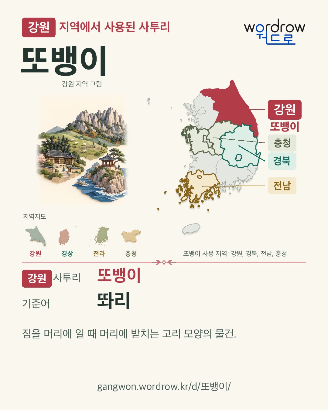 강원 지역에서 사용된 사투리 ‘또뱅이’. 기준어: 똬리. 기록 지역을 표시한 지역 그림과 지도 카드.