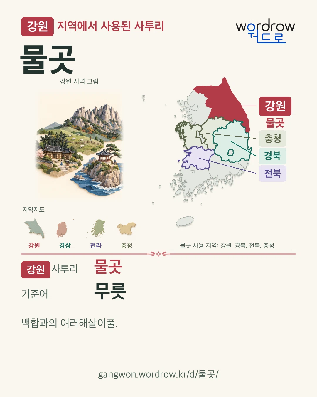 강원 지역에서 사용된 사투리 ‘물곳’. 기준어: 무릇. 기록 지역을 표시한 지역 그림과 지도 카드.