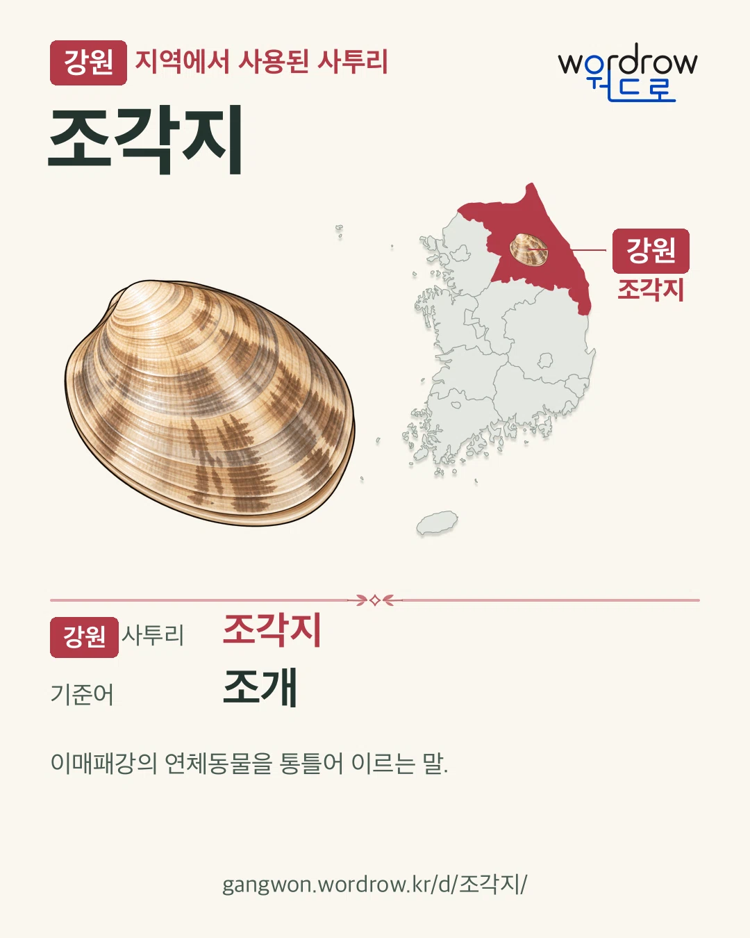 강원 지역에서 사용된 사투리 ‘조각지’. 기준어: 조개. 기록 지역을 표시한 카툰 삽화와 지도 카드.