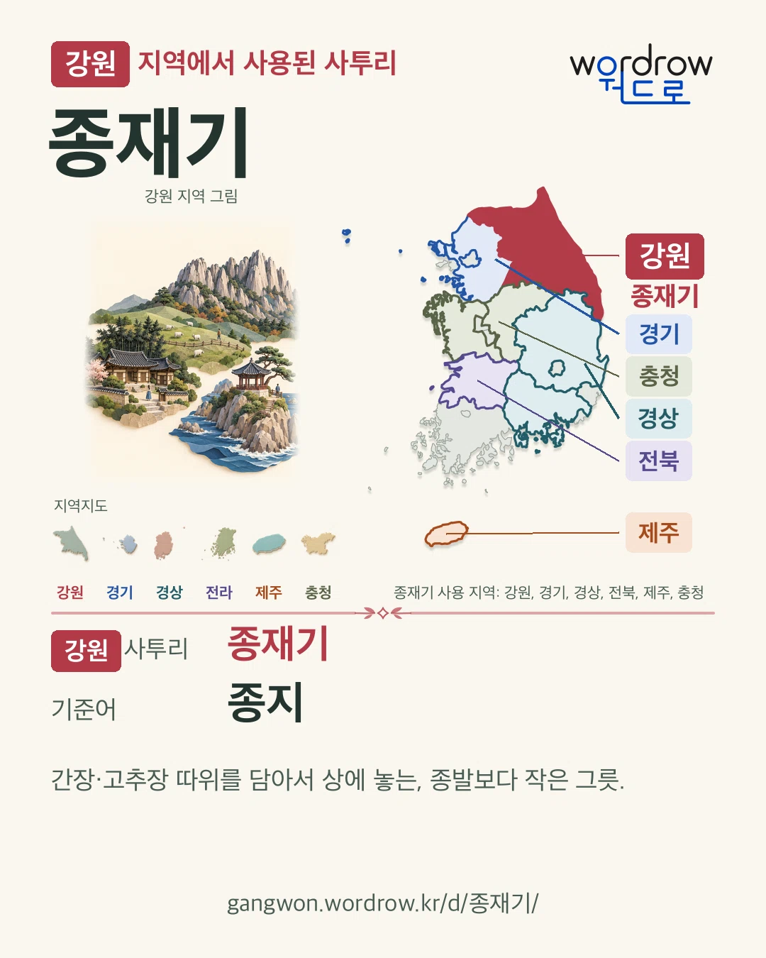 강원 지역에서 사용된 사투리 ‘종재기’. 기준어: 종지. 기록 지역을 표시한 지역 그림과 지도 카드.