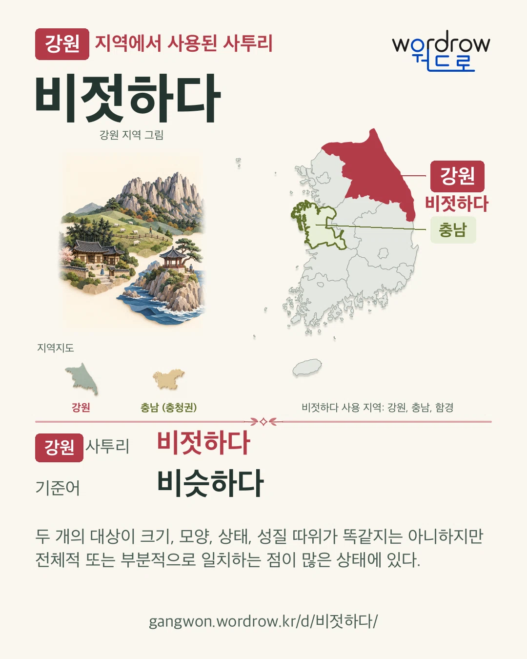 강원 지역에서 사용된 사투리 ‘비젓하다’. 기준어: 비슷하다. 기록 지역을 표시한 지역 그림과 지도 카드.