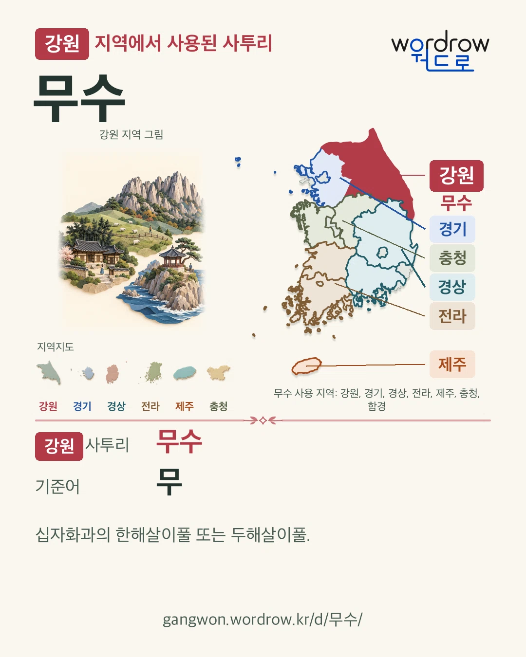 강원 지역에서 사용된 사투리 ‘무수’. 기준어: 무. 기록 지역을 표시한 지역 그림과 지도 카드.
