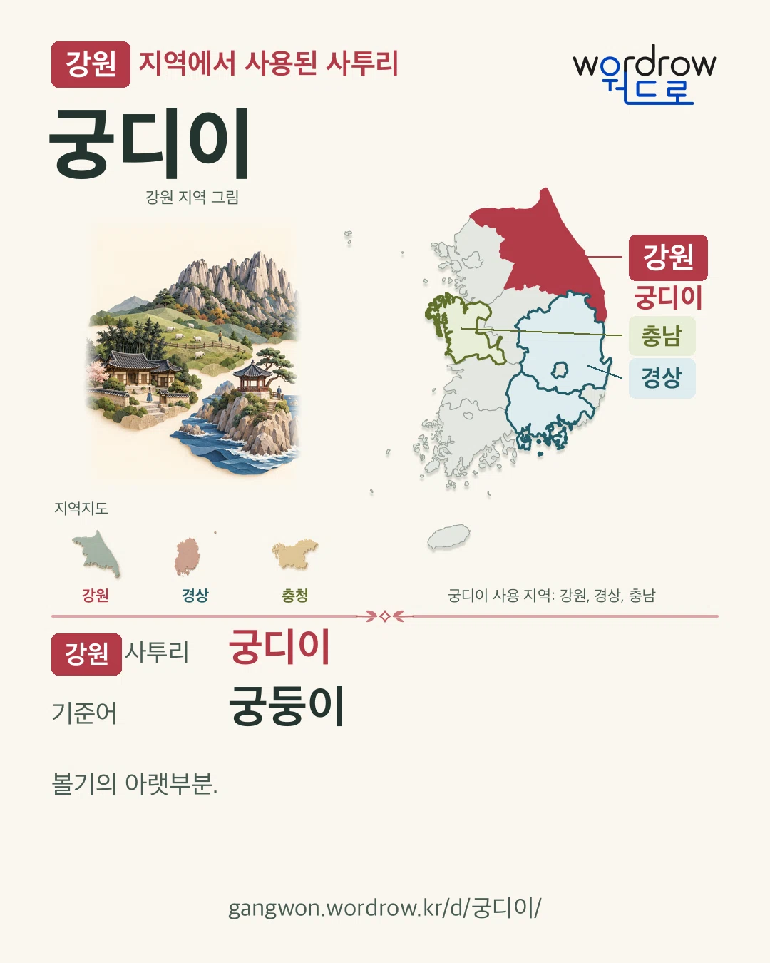 강원 지역에서 사용된 사투리 ‘궁디이’. 기준어: 궁둥이. 기록 지역을 표시한 지역 그림과 지도 카드.