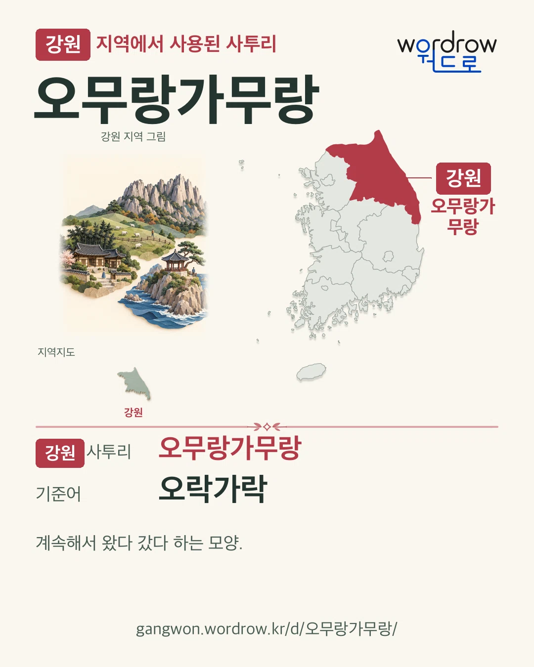 강원 지역에서 사용된 사투리 ‘오무랑가무랑’. 기준어: 오락가락. 기록 지역을 표시한 지역 그림과 지도 카드.