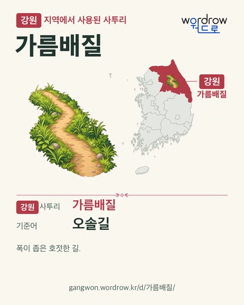 강원 지역에서 사용된 사투리 ‘가름배질’. 기준어: 오솔길. 기록 지역을 표시한 카툰 삽화와 지도 카드.