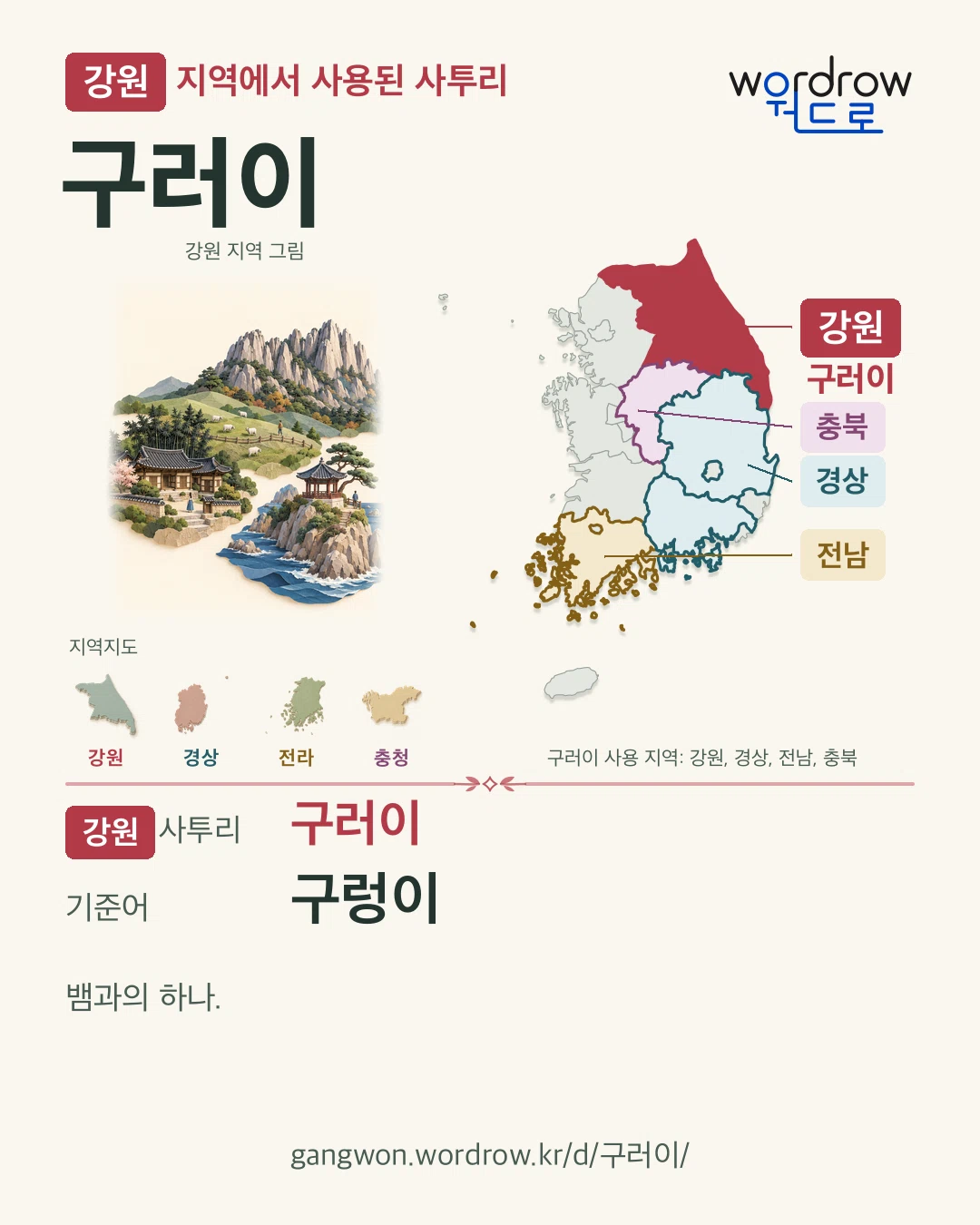 강원 지역에서 사용된 사투리 ‘구러이’. 기준어: 구렁이. 기록 지역을 표시한 지역 그림과 지도 카드.