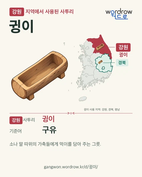 강원 지역에서 사용된 사투리 ‘귕이’. 기준어: 구유. 기록 지역을 표시한 카툰 삽화와 지도 카드.