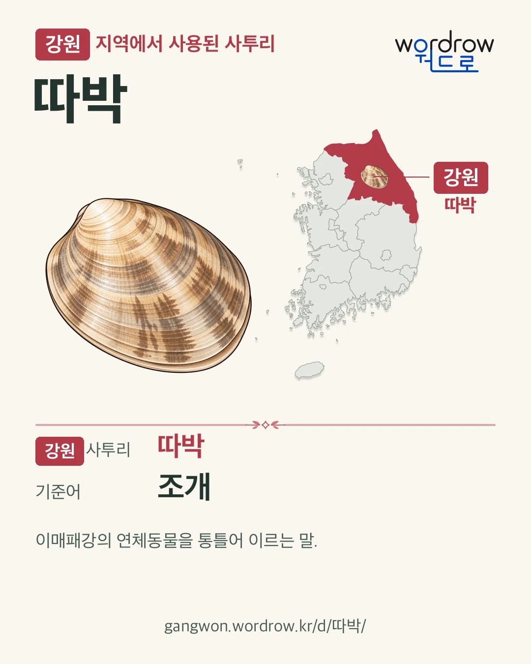 강원 지역에서 사용된 사투리 ‘따박’. 기준어: 조개. 기록 지역을 표시한 카툰 삽화와 지도 카드.
