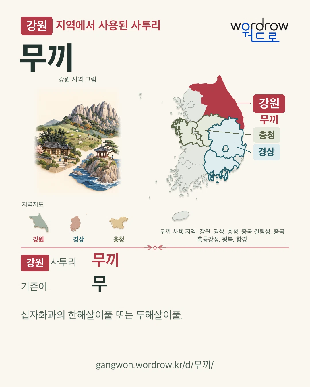 강원 지역에서 사용된 사투리 ‘무끼’. 기준어: 무. 기록 지역을 표시한 지역 그림과 지도 카드.