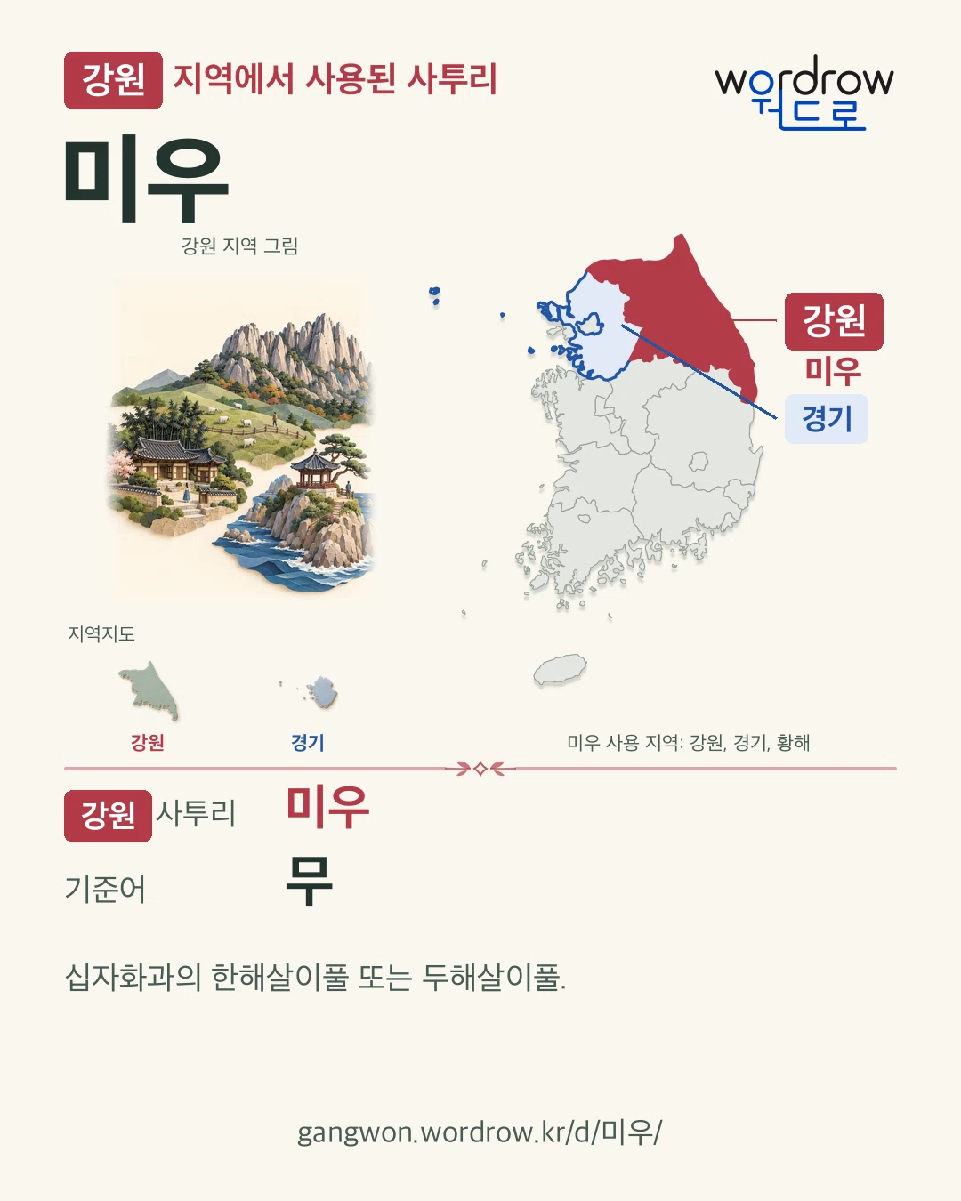 강원 지역에서 사용된 사투리 ‘미우’. 기준어: 무. 기록 지역을 표시한 지역 그림과 지도 카드.