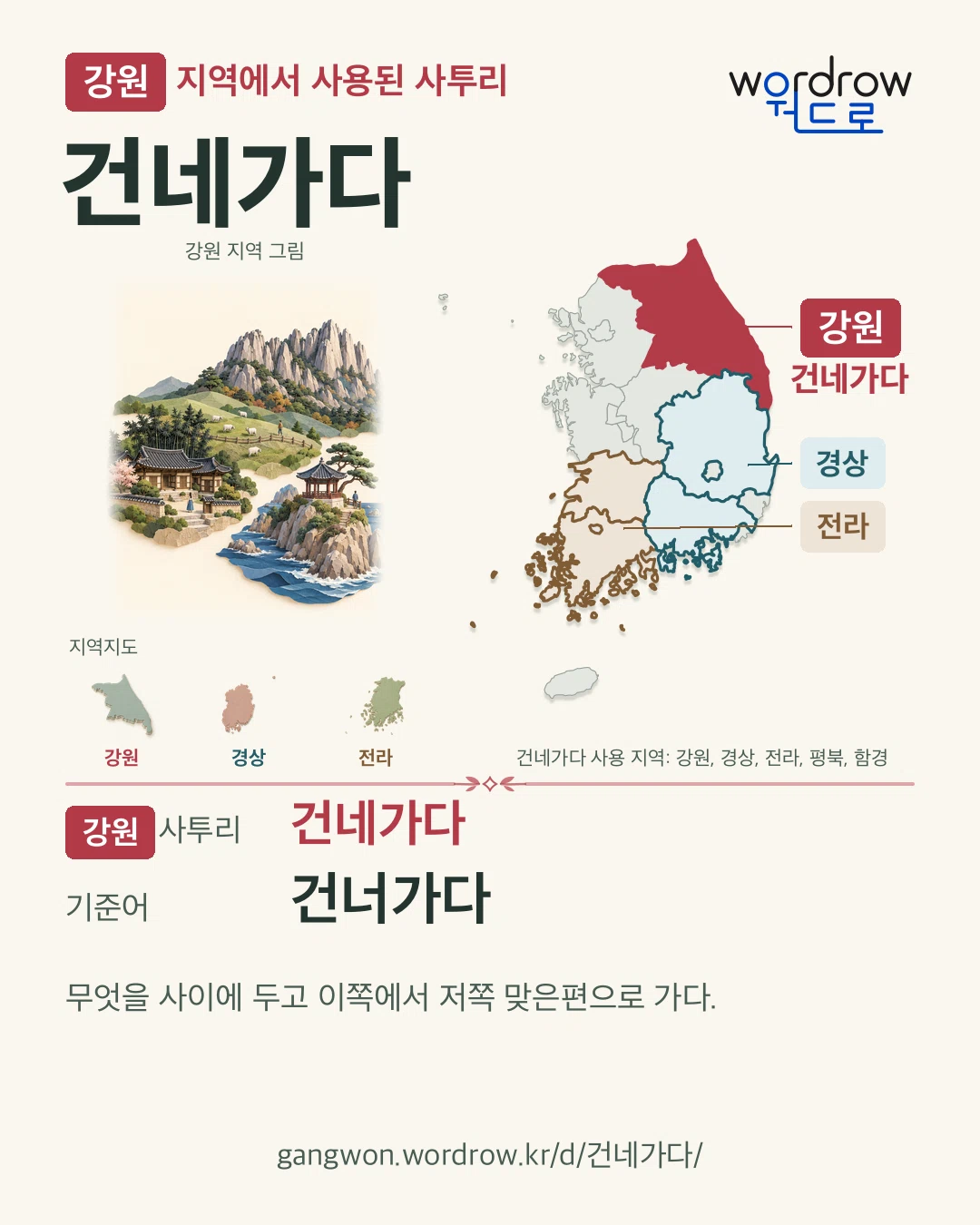 강원 지역에서 사용된 사투리 ‘건네가다’. 기준어: 건너가다. 기록 지역을 표시한 지역 그림과 지도 카드.