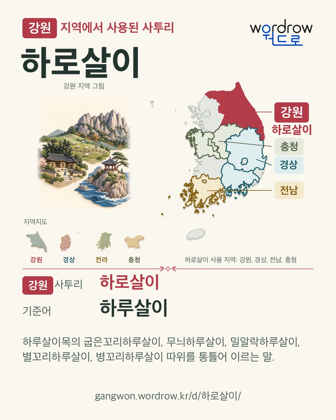 강원 지역에서 사용된 사투리 ‘하로살이’. 기준어: 하루살이. 기록 지역을 표시한 지역 그림과 지도 카드.