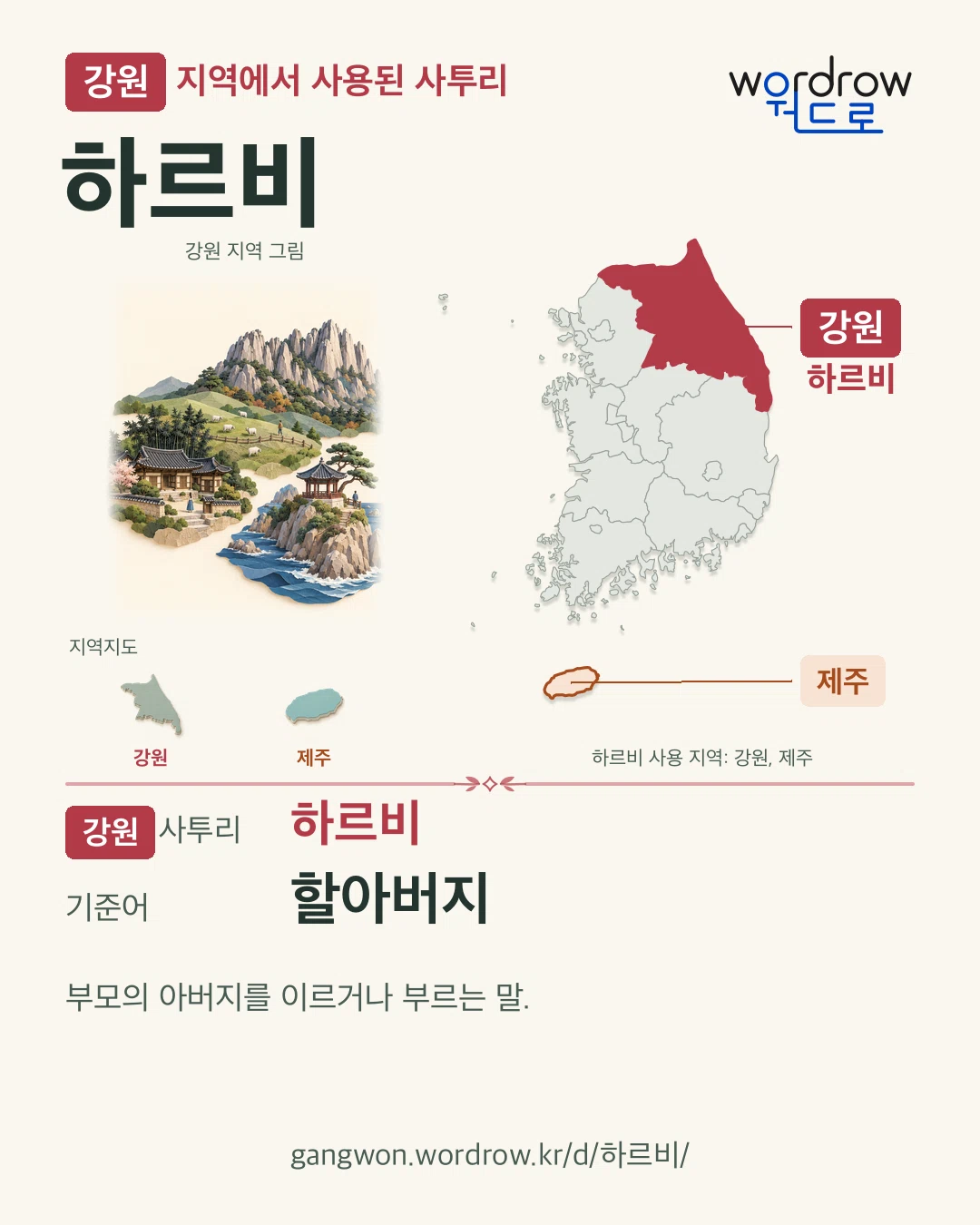 강원 지역에서 사용된 사투리 ‘하르비’. 기준어: 할아버지. 기록 지역을 표시한 지역 그림과 지도 카드.