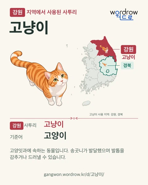 고냥이의 고양이 뜻과 기록 지역을 보여 주는 지도형 카드